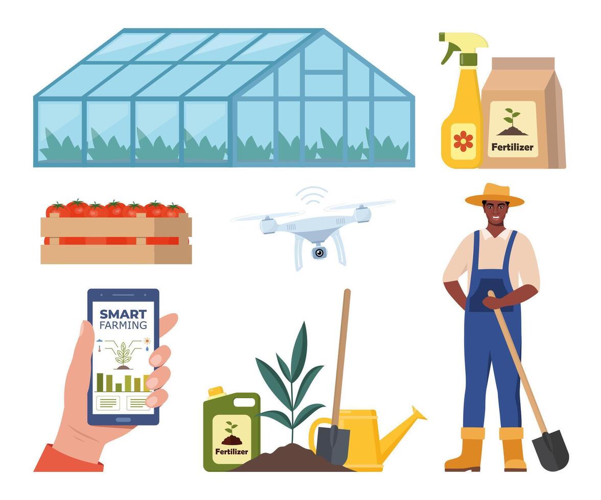 African American farmer character and different farm elements. Greenhouse, fertilizers. Smart farming, drone in farm industry. Smartphone with app for control plants growing. illustration. vector