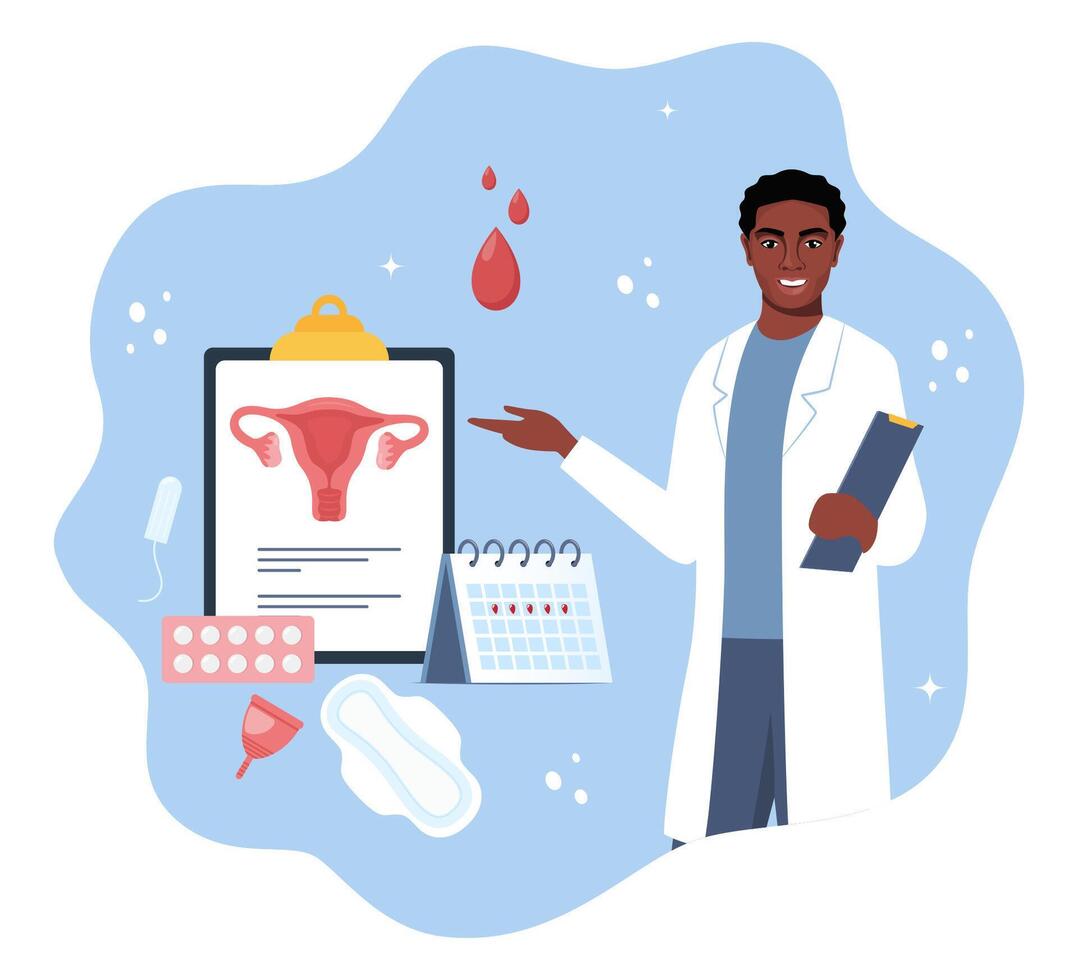 Reproductive health concept. Menstruation, period, female uterus, reproductive system. Doctor gynecologist standing with clipboard, calendar, tampon, pads, menstrual cup, pants. illustration. vector