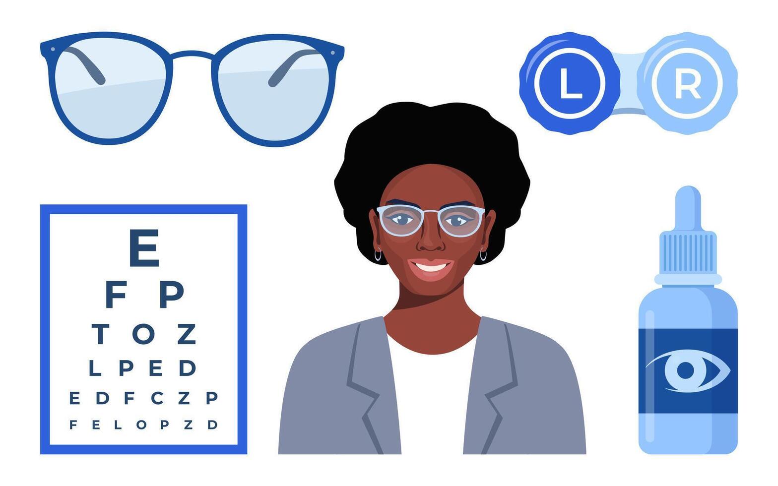 Ophthalmology icons set. Glasses, eye drops, contact lenses, test table with letters for eye examination. Vision correction. Ophthalmology concept. vector