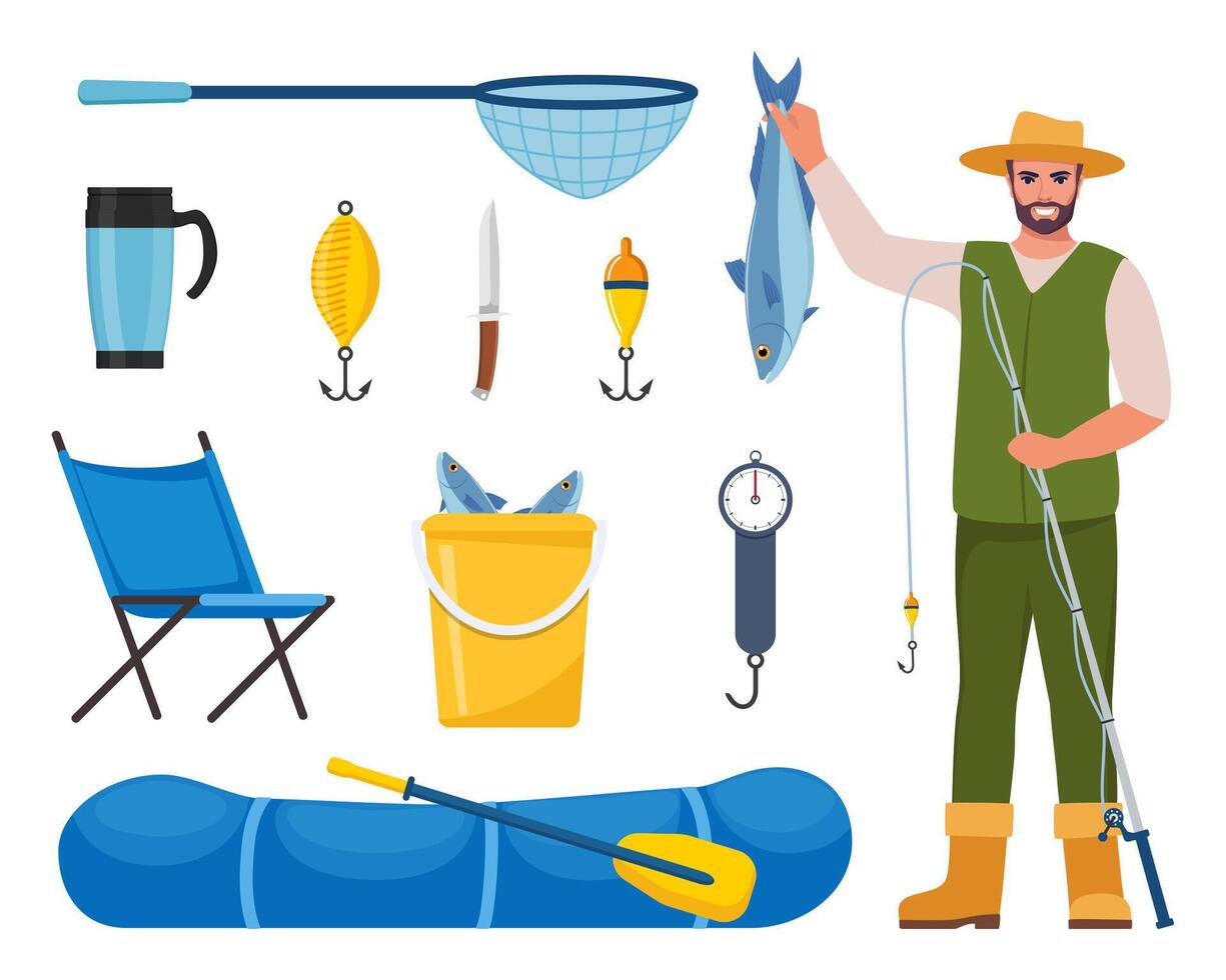 Fisherman and Equipment for fishing. Fishing rod, float, inflatable rubber boat, landing net, fishers clothes, hook, fish, hat, flashlight, boots. Outdoor activity, recreation, hobby. . vector
