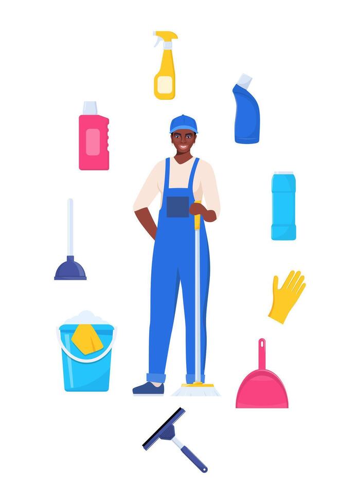 Woman dressed in uniform with mop. Worker of cleaning service. Cleaning tools and detergent. Bucket, scoop, brush, washing powder, bottle of spray, sponge, glass scraper, rubber gloves. . vector