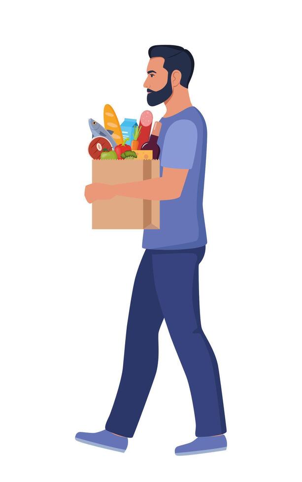 Man going with paper bag of groceries. Guy buying food, vegetables, bread. Grocery shopping. illustration. vector