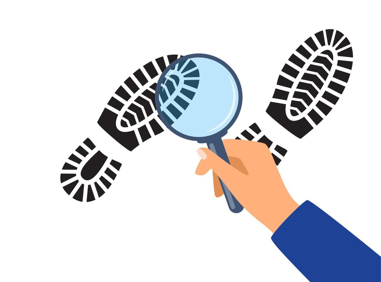 Man looking through magnifying glass at footprint. Hand holding loupe for identification. Identity, evidence concept. Shoe soles print. Foot print tread, boots, sneakers. illustration. vector