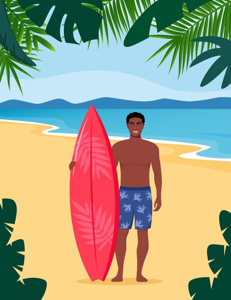 Young black man surfer with surfboard standing on the beach. Smiling surfer guy. illustration. vector