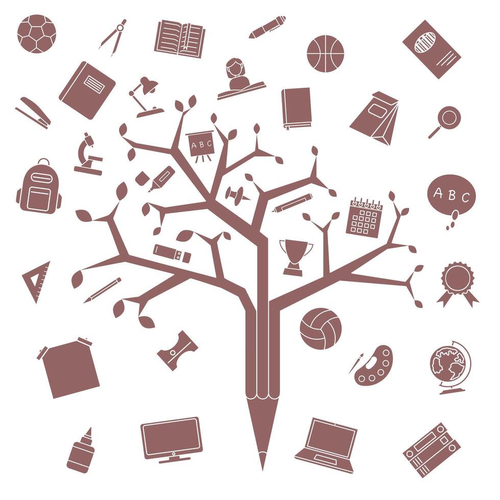 School icons fully colored in red. Tree of knowledge. School education. vector