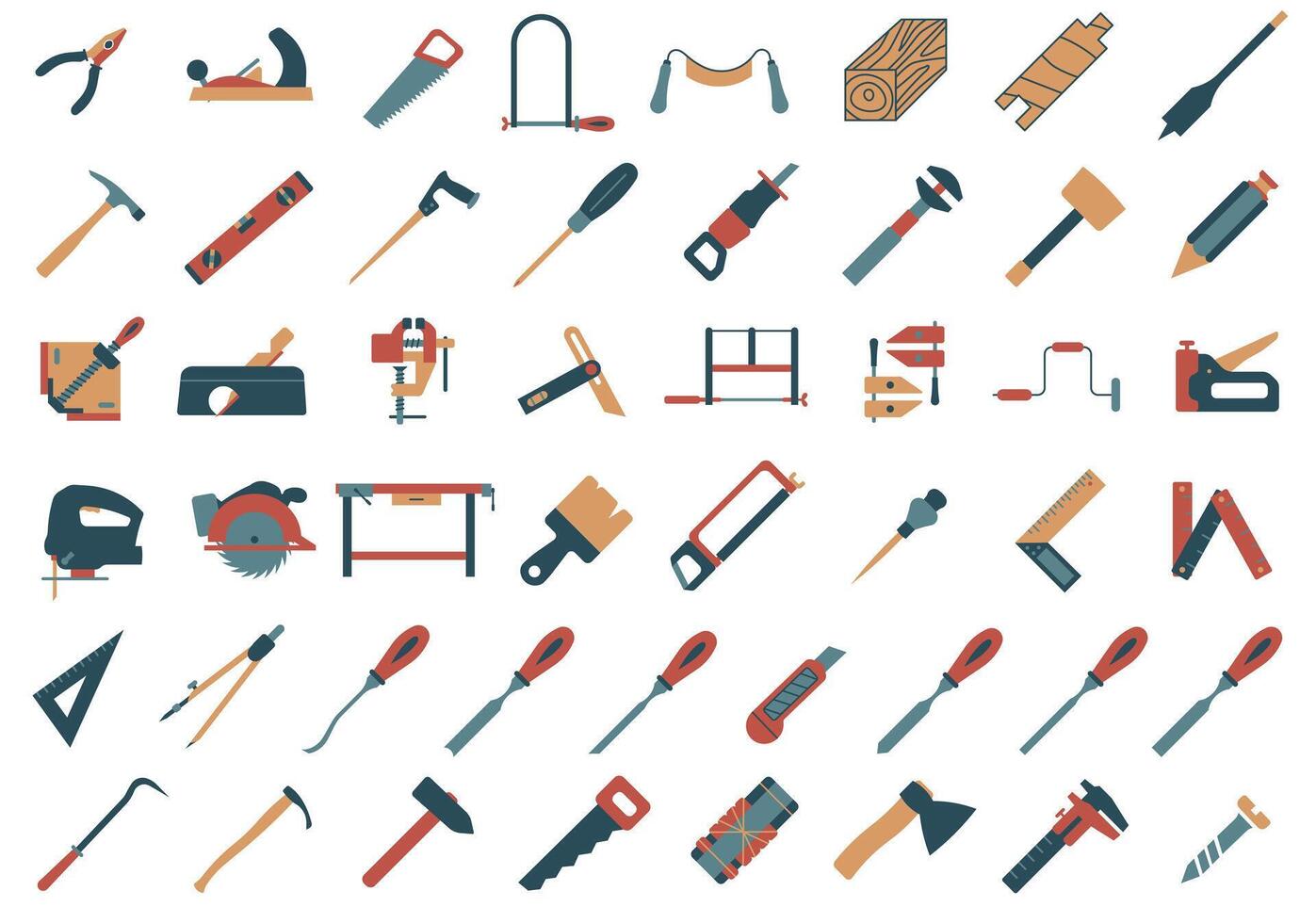 Tool for carpentry workshop. Colored bright icons of carpentry tools. vector