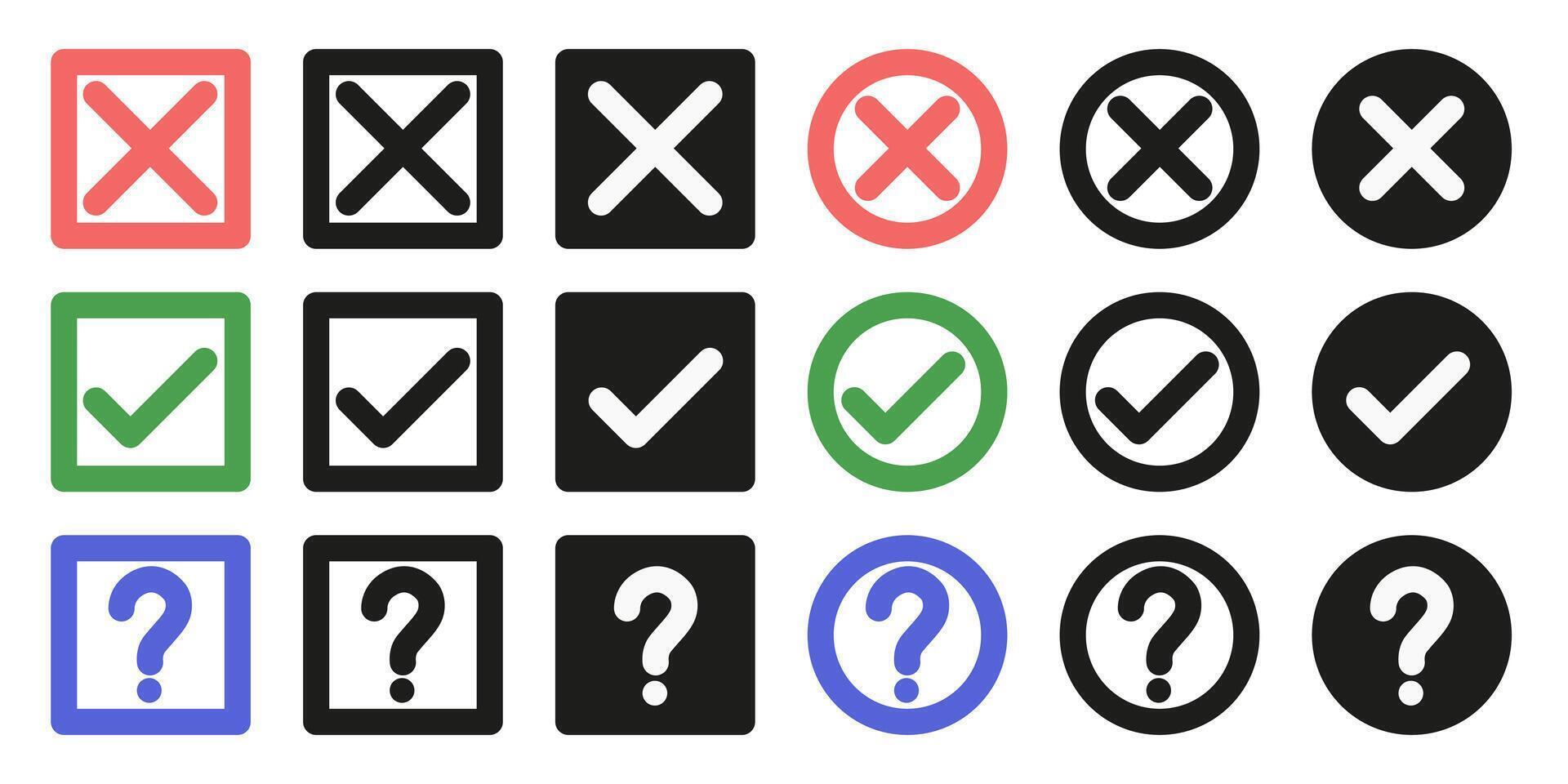 A set of flat ticks and crosses and a question mark. vector
