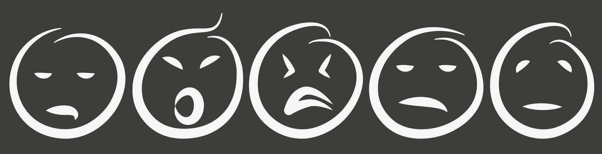 Sad emoticons. Set of five white abstract textured emoticons. Emoticons. vector