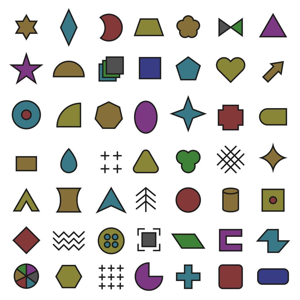 Simple geometric shapes icon collection with stroke. A set of geometric shapes. Color icons. vector