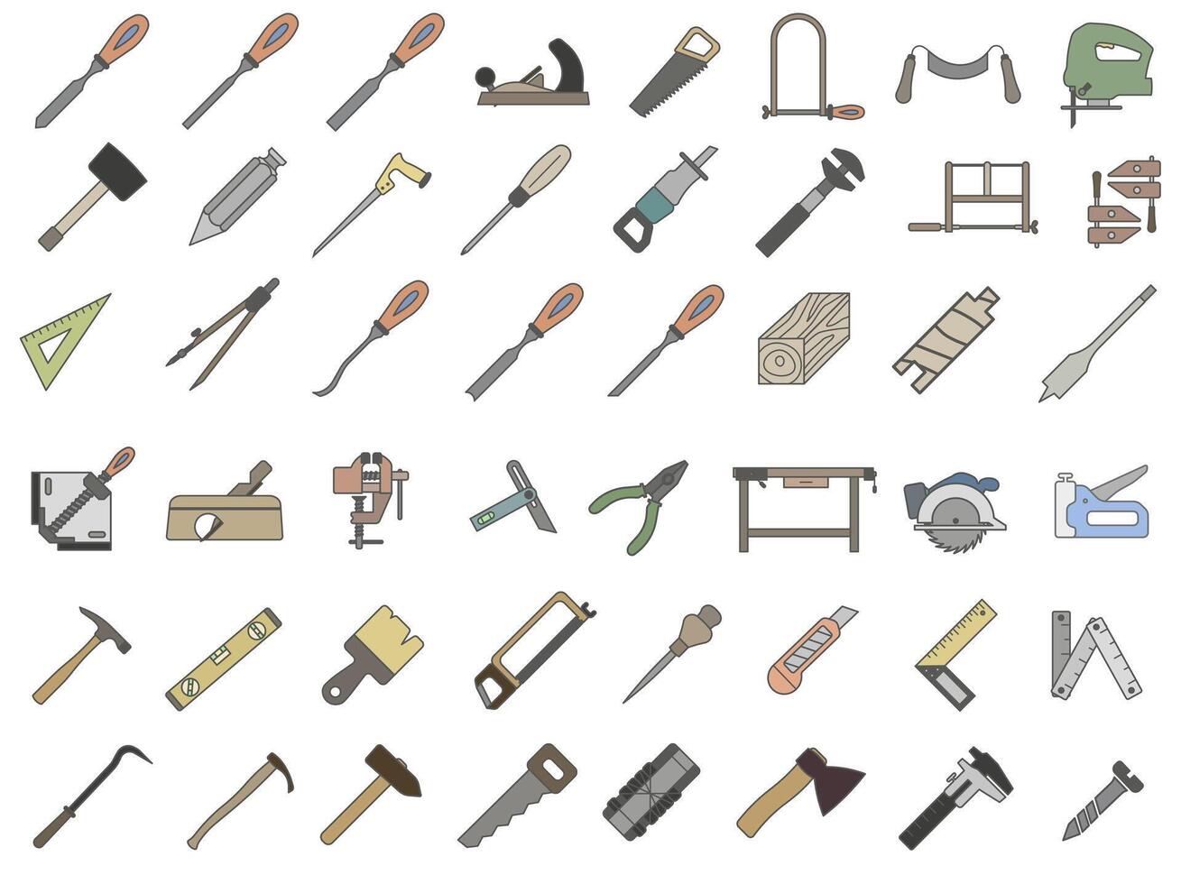 Collection of color icons of carpentry tools with stroke. Tool for carpentry workshop. vector