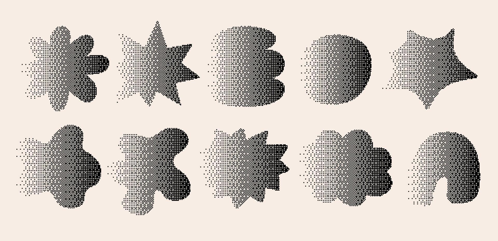Set of gradient pixel abstract organic shape. Explosion stars and cloud in bitmap 8-bit Style. Futuristic retro design in y2k style. vector