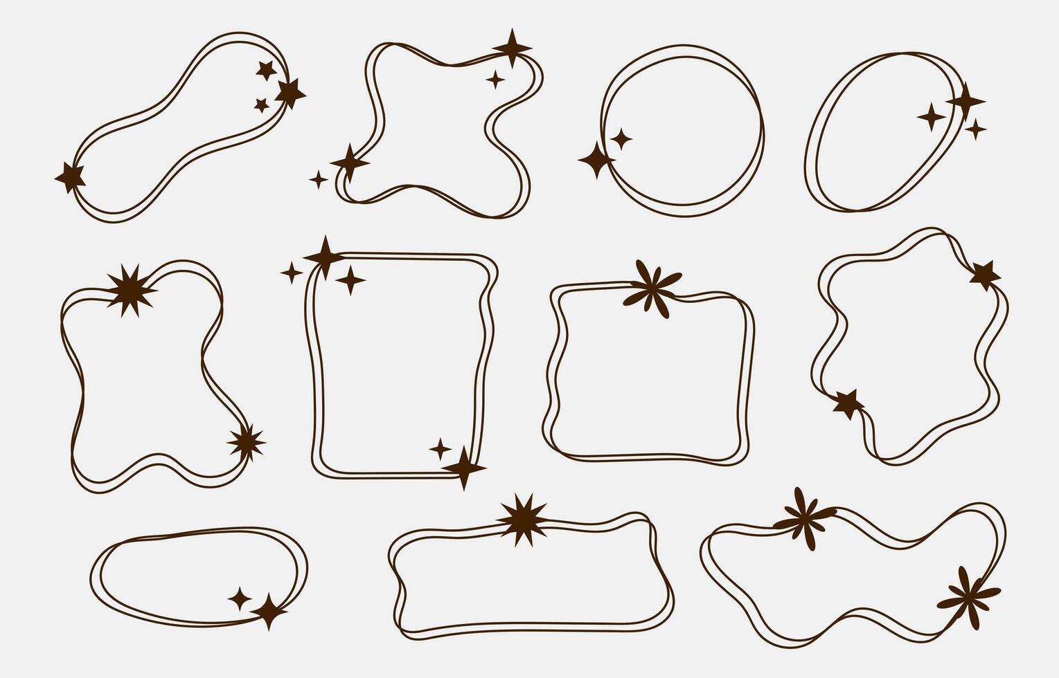 Set of abstract outline blob with stars shape. Scallop frame border in doodle y2k style. Design elements vector