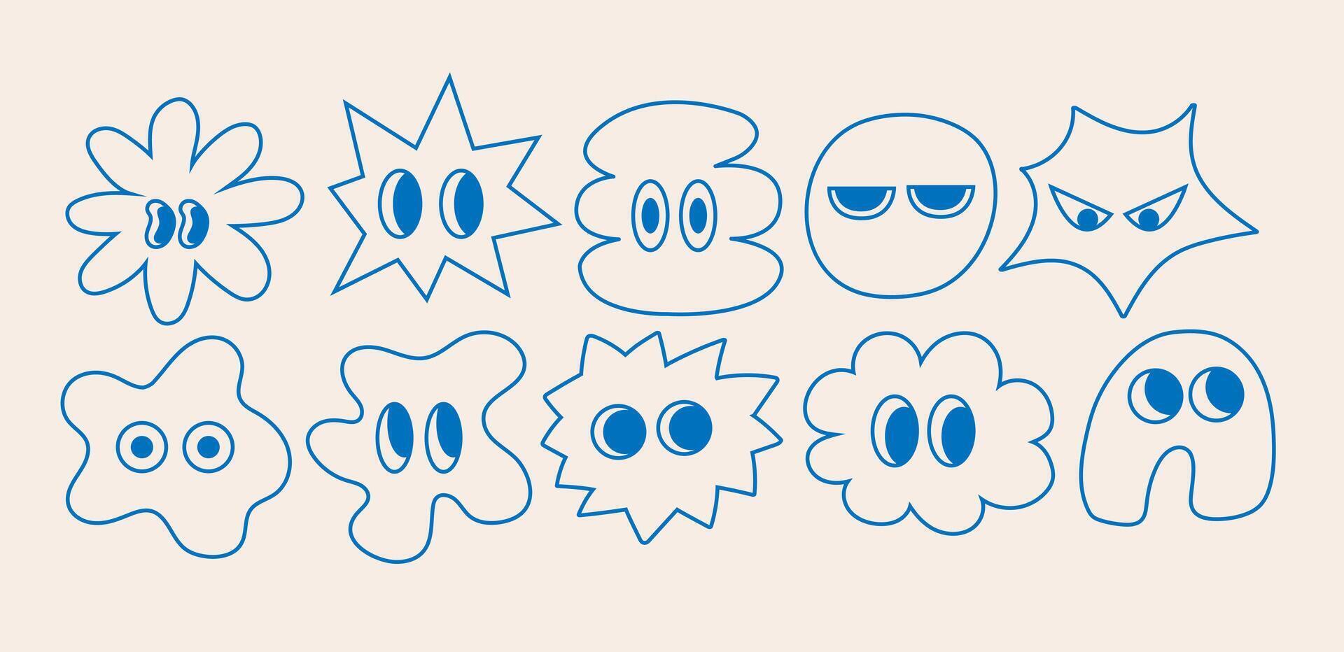 Set of abstract basic blue shape with big eye. Hand drawn trendy outline style. Collection character stickers. Faces with various comic emotions on isolated background vector