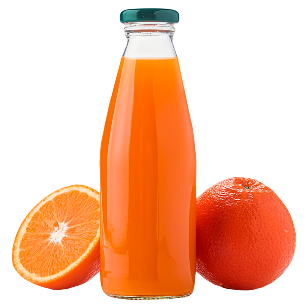 Orange juice bottle and oranges are isolated on a transparent background. Juice bottle png