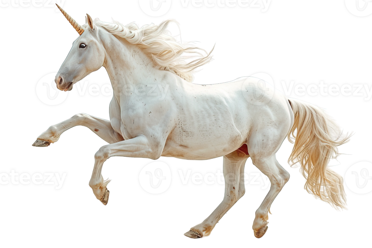 side view white unicorn horse isolated on transparent background, png