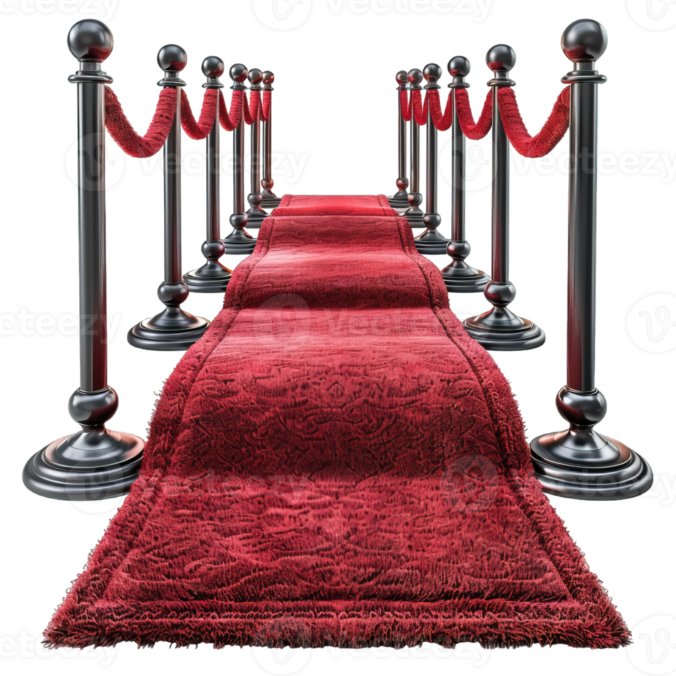 Red carpet event with silver stanchions and red velvet ropes isolated on transparent background, png