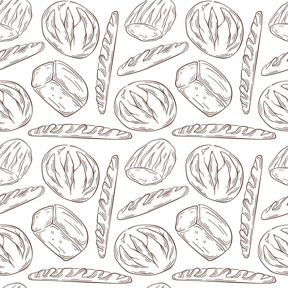 Seamless pattern with baguette and loaf bread in line art style. French bakery. Design for wallpaper, backdrop, background, cards and cafe food menu. vector