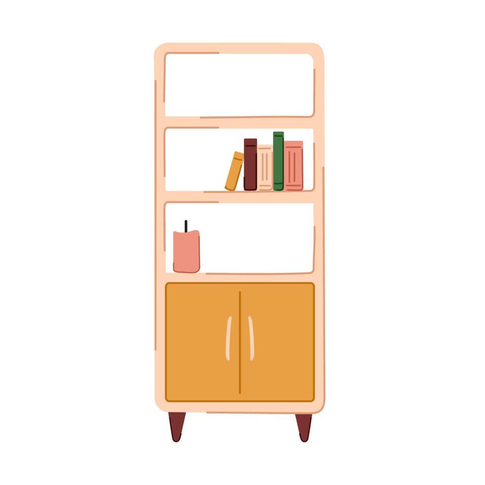 Wooden bookshelves with books and candle in flat style. Furniture for living room, cabinet, office and home. illustration isolated on a white background. vector