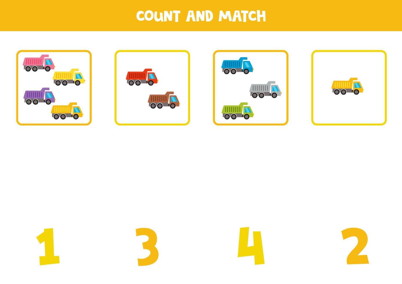 Counting game for kids. Count all colourful trucks and match with numbers. Worksheet for children. vector