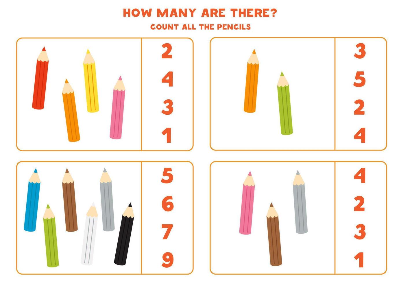 Count all coloured pencils and circle the correct answers. vector