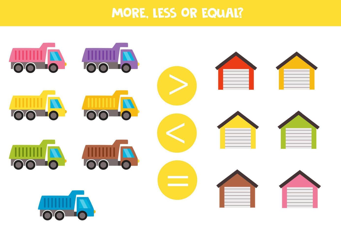 More, less, equal with cartoon colourful trucks and garages. Colorful worksheet. vector