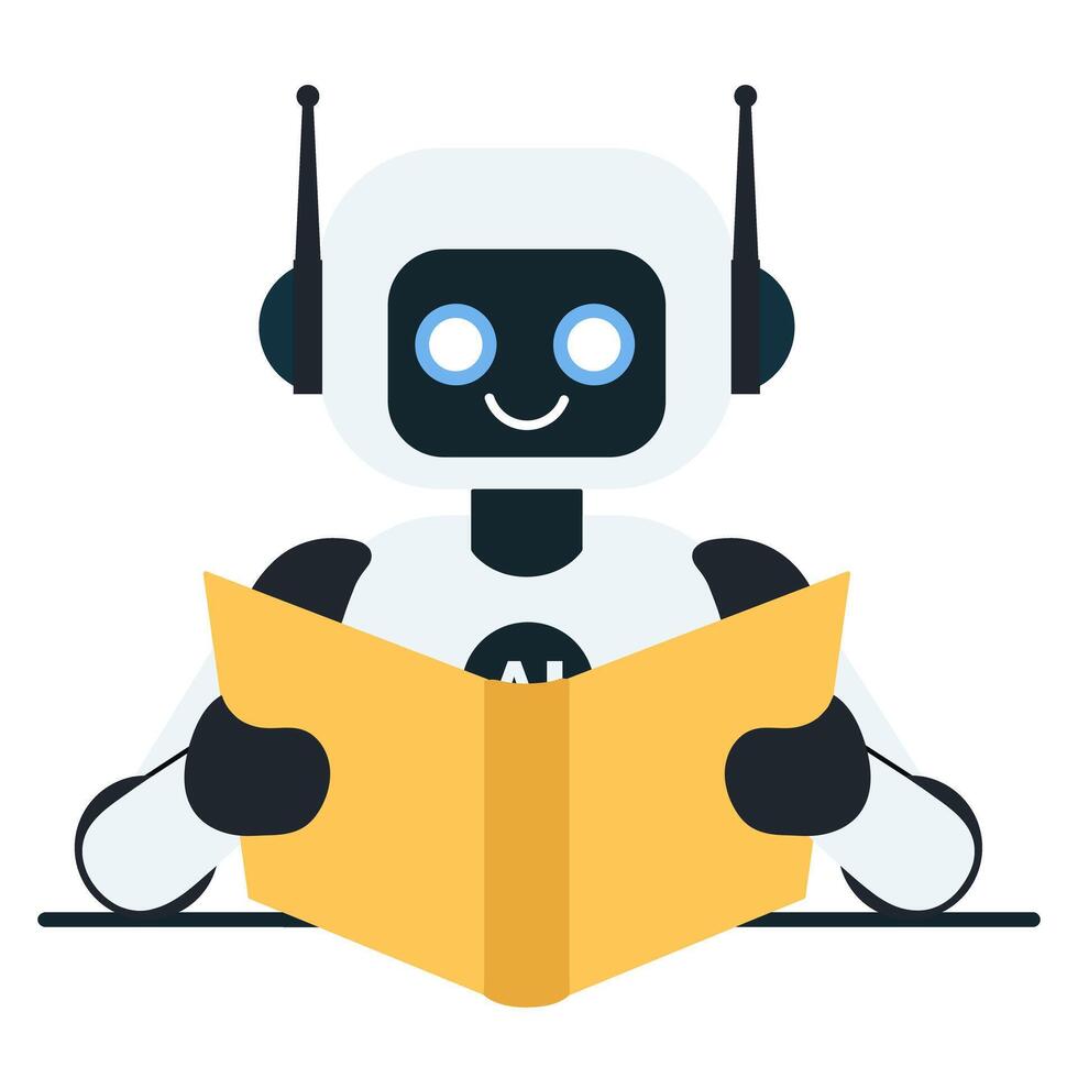 Flat icon of robot reading a book isolated on transparent background vector