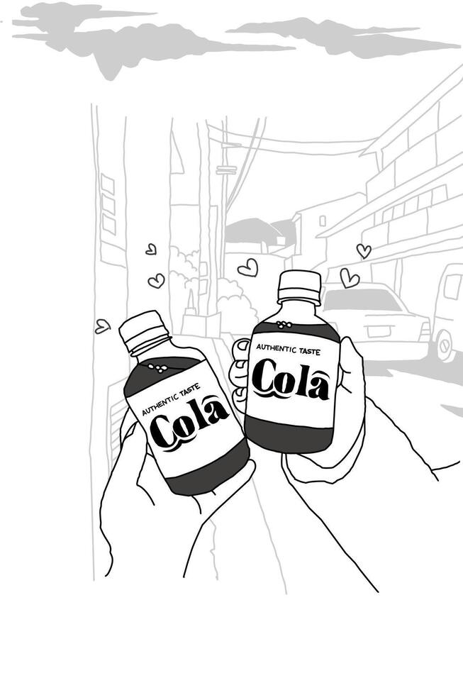 illustration of Line art of cola bottles in hand with city view in the background vector