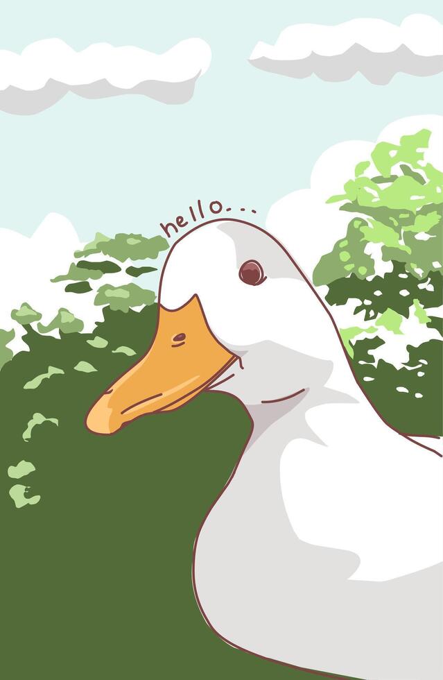 close up illustration of a duck with a tree and sky background vector