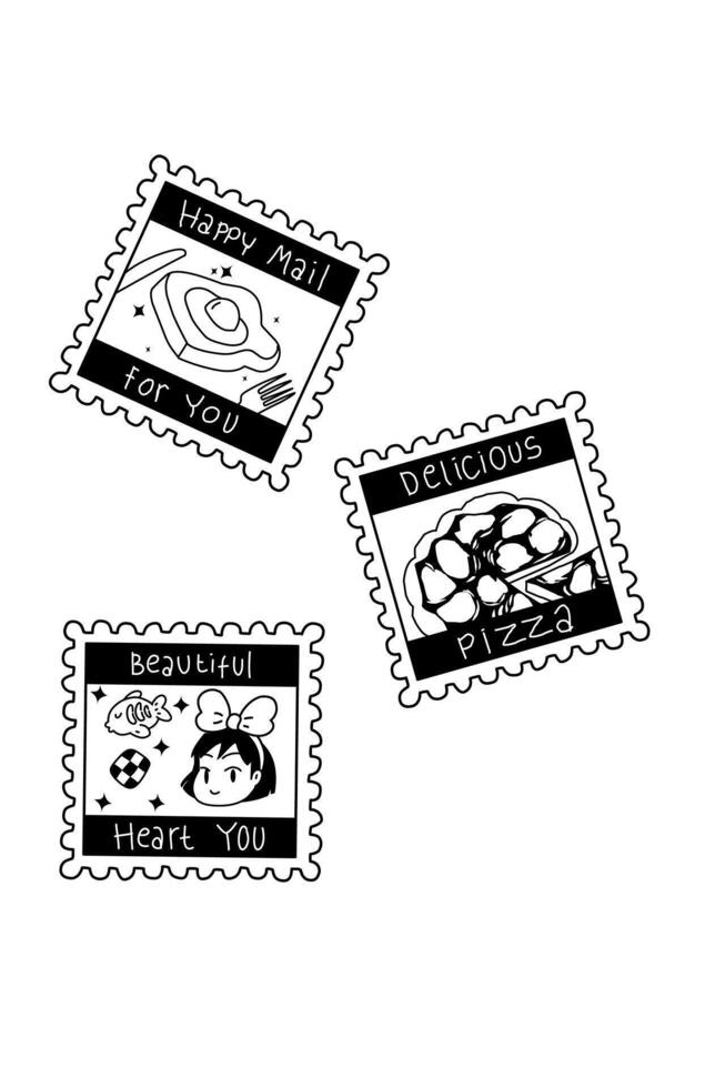 The line art of set mail stamps with food picture inside issolated on white vector