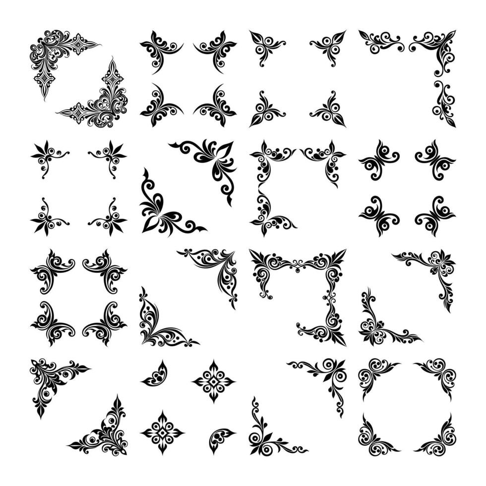Elegant Flourish Silhouette Collection. Intricate Ornamental Corner Designs Set.A series set. vector