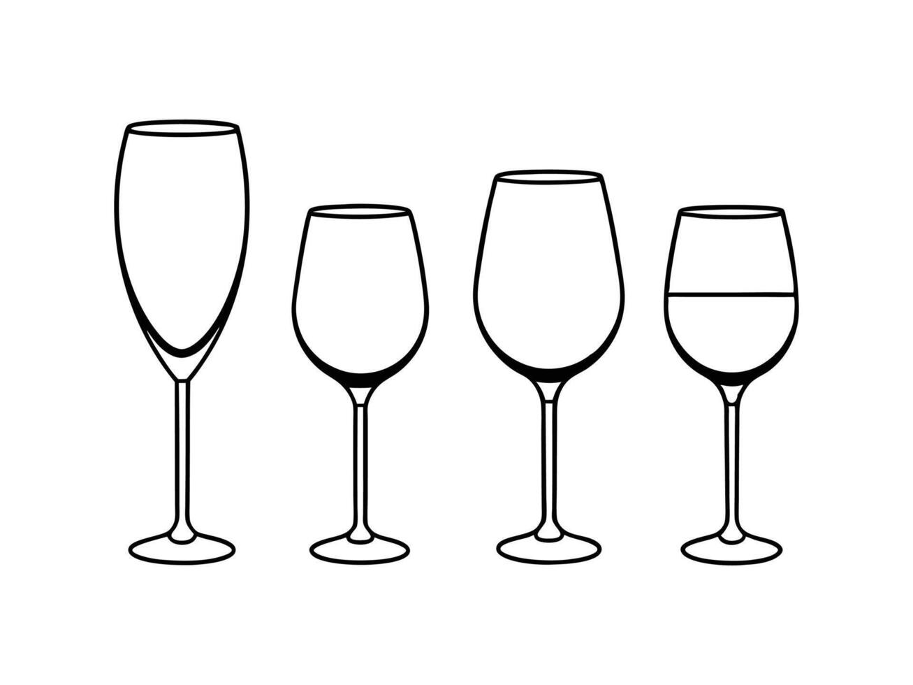 A silhouette of a collection of four Distinct wine glasses. vector