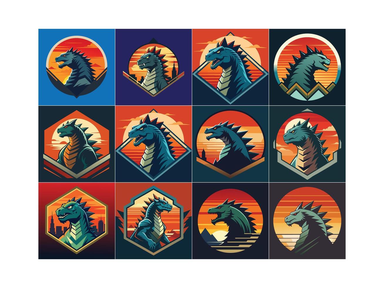 A series of a Fierce Dragon-Like Creature with Vibrant Sunset Background. vector