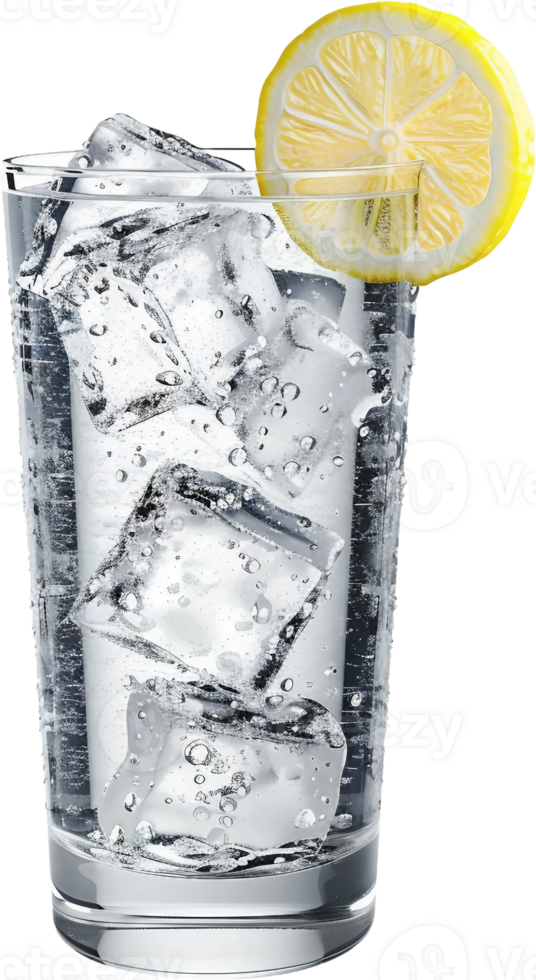 a glass of water with ice cubes and a lemon slice png