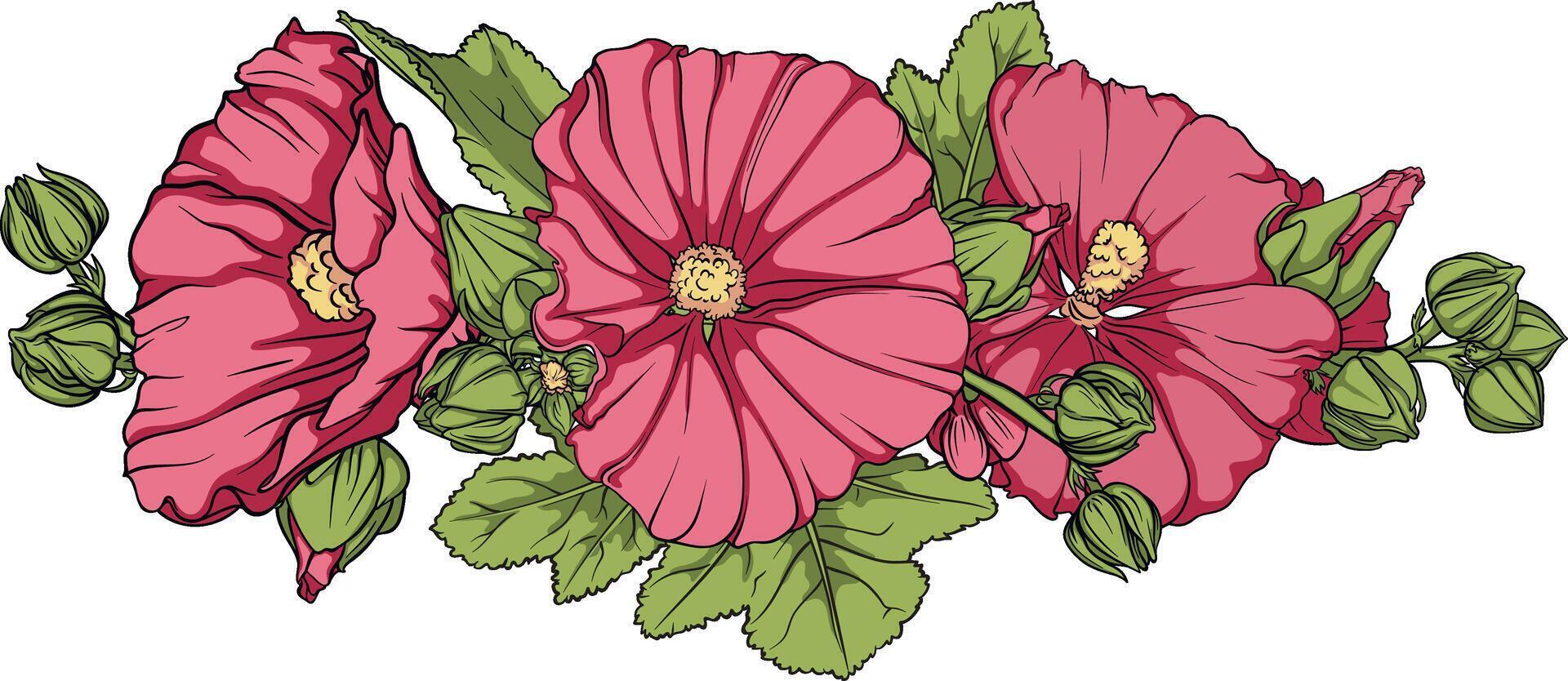 Beautiful pink flower surrounded by buds and leaves in full bloom. Delicate detailed mallow with bright petals and lush green leaves vector