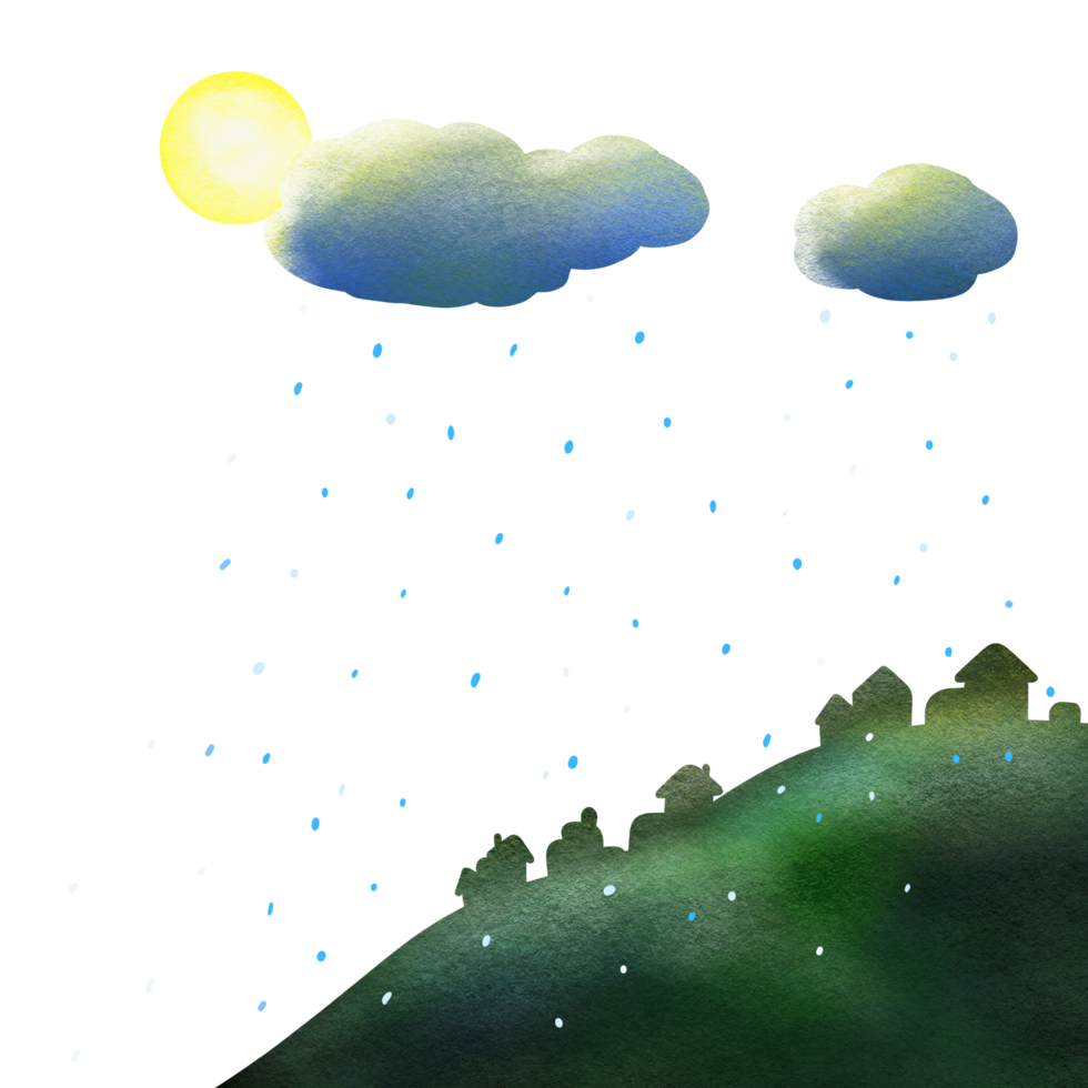Village under the moon and rain background illustration png