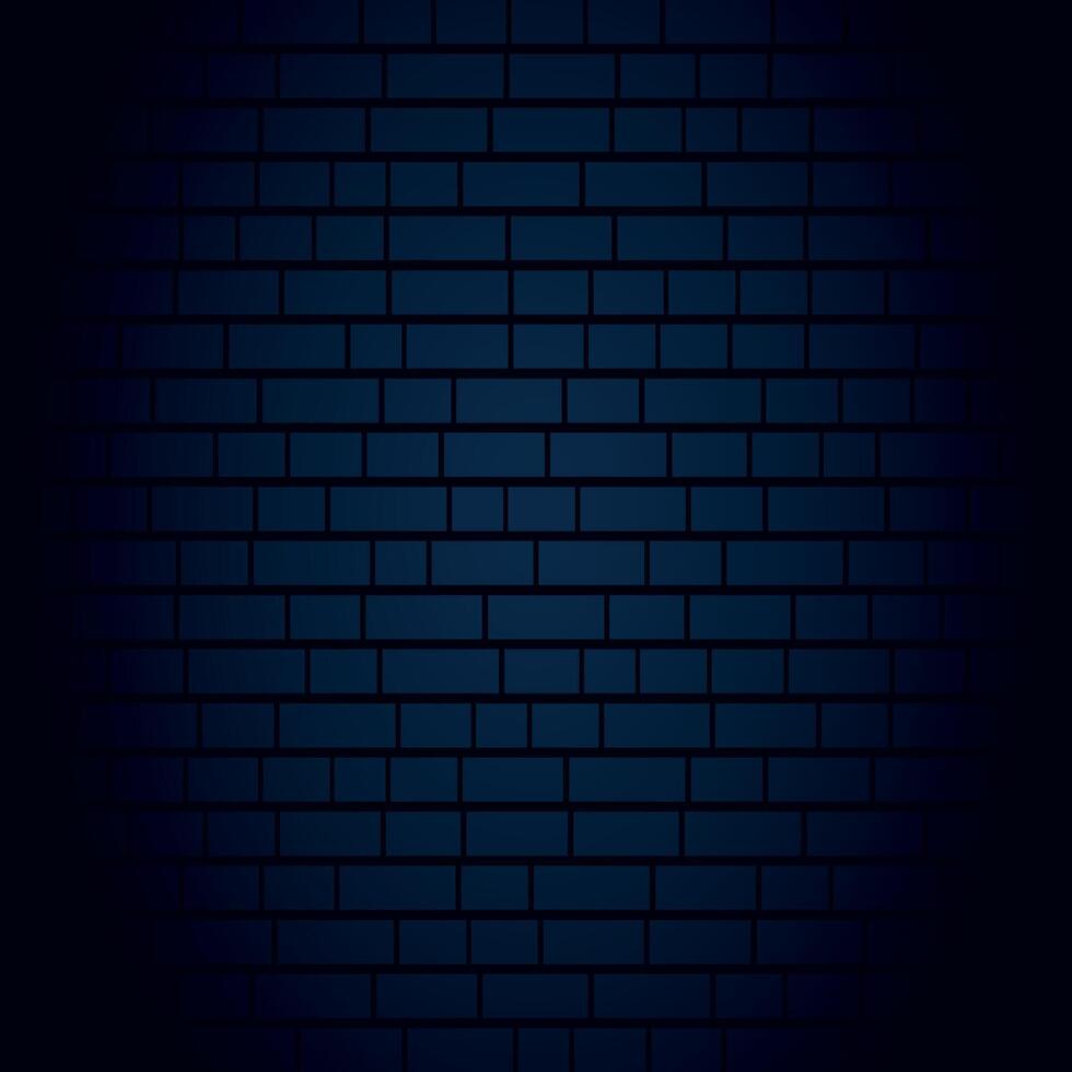 Dark brick wall background with subtle spotlight effect and deep blue gradient for modern design and texture. Minimal brick wall design element for a banner, wallpapper, background vector