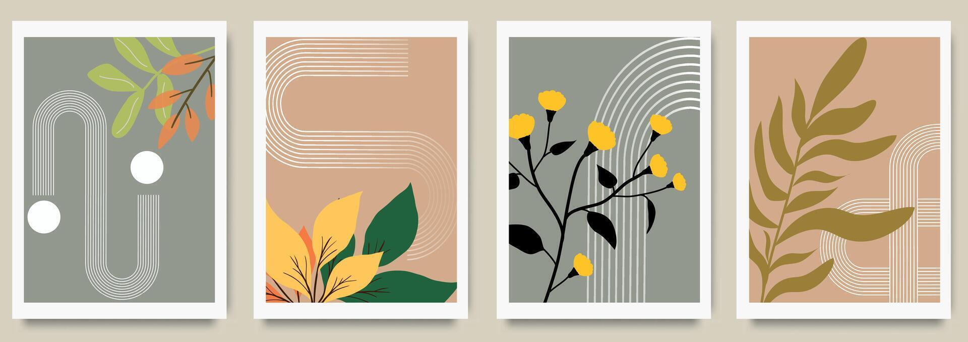 Set of minimalist abstract autumn botanical art with modern geometric shapes and organic plant elements. Design template for seasonal greetings and promotions, banner, ads, social media vector