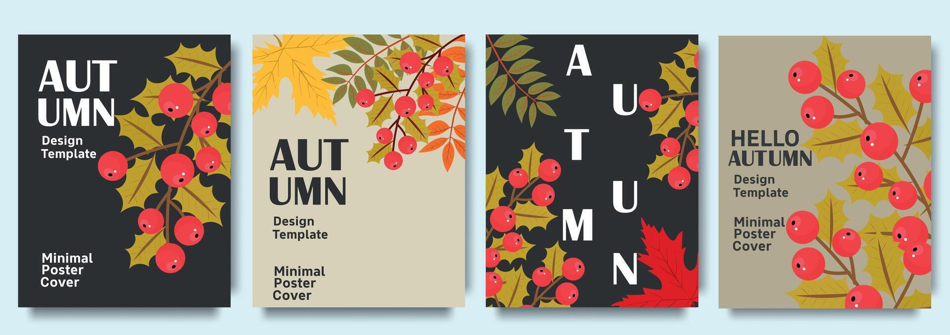 Set of trendy minimalist autumn greeting card, poster, cover template with red berries, seasonal foliage, and modern typography for fall celebration. Autumn background, cover, sale banner, advertising vector