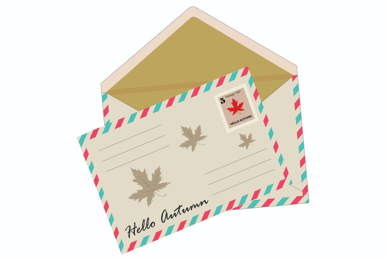 Autumn postcard and envelope. Minimalistic envelope design featuring fall leaves and seasonal greetings for autumn celebration. Autumn background, cover, sale banner, advertising, web. vector