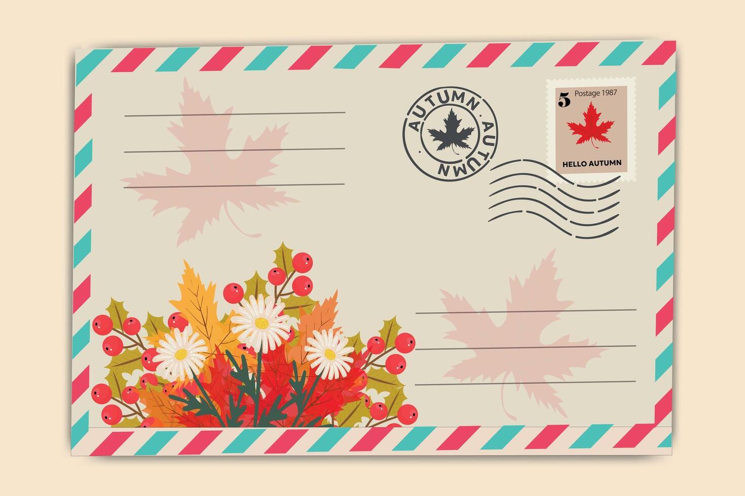 Autumn envelope. Minimalistic envelope design with floral illustration, fall leaves, and seasonal stamps. Autumn background, cover, sale banner, advertising, web. vector