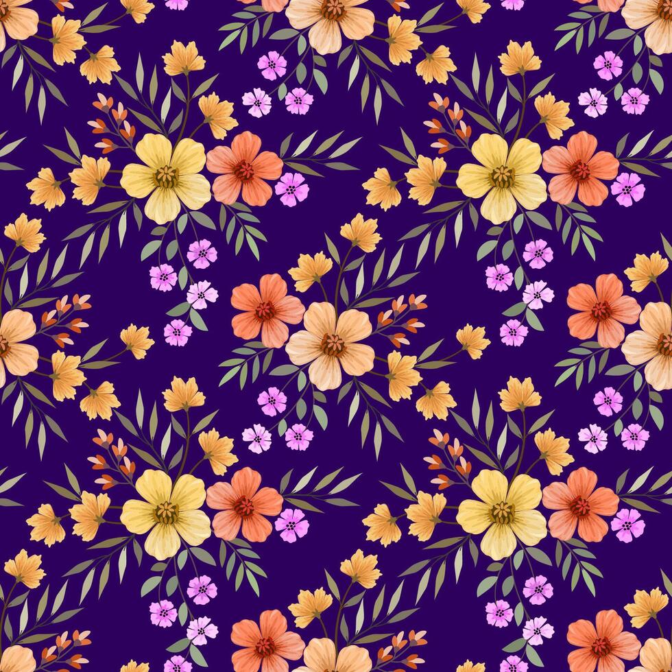 blooming colorful flowers and leaf on purple color background seamless pattern. vector
