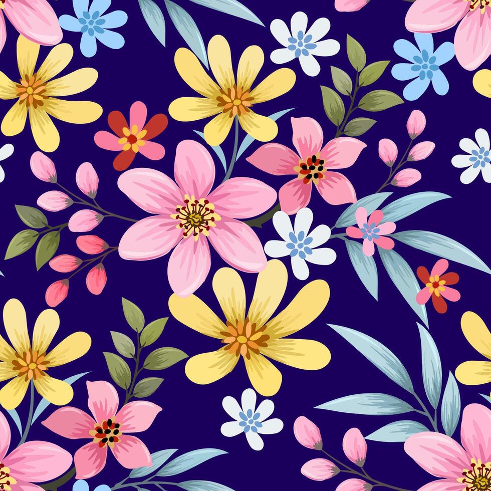 blooming colorful flowers and leaf on purple color background seamless pattern. vector