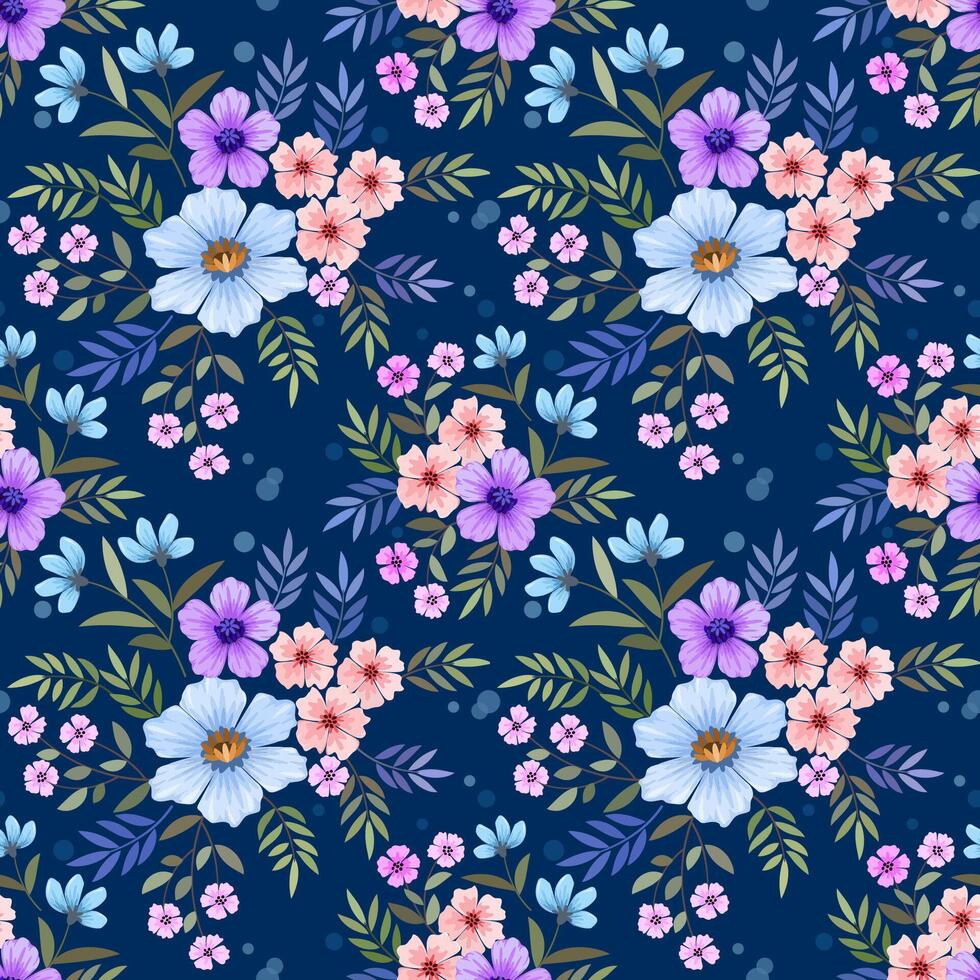 blooming colorful flowers and leaf on blue color background seamless pattern. vector