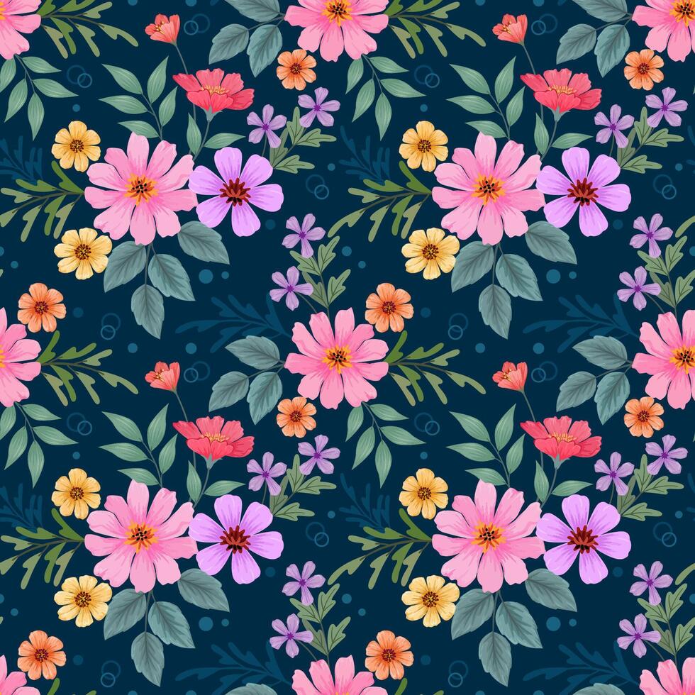 blooming colorful flowers and leaf on green color background seamless pattern. vector