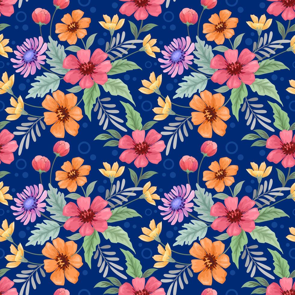 Beautiful blooming flowers design on blue color background seamless pattern. vector
