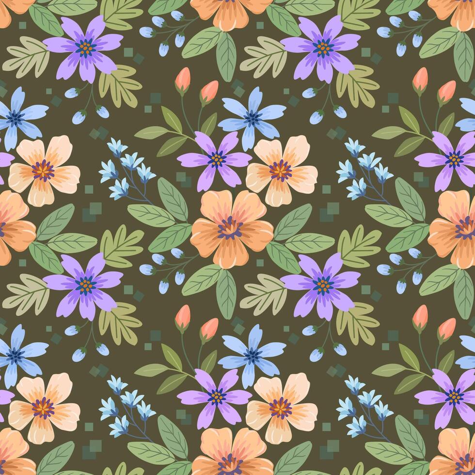 Beautiful blooming flowers design on green color background seamless pattern. vector