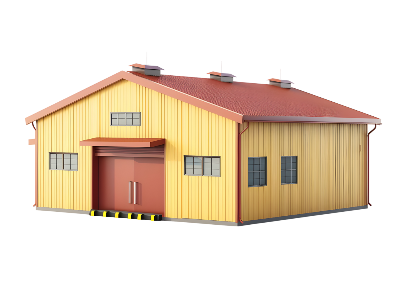 Yellow and red warehouse building with door. Isolated on transparent background png