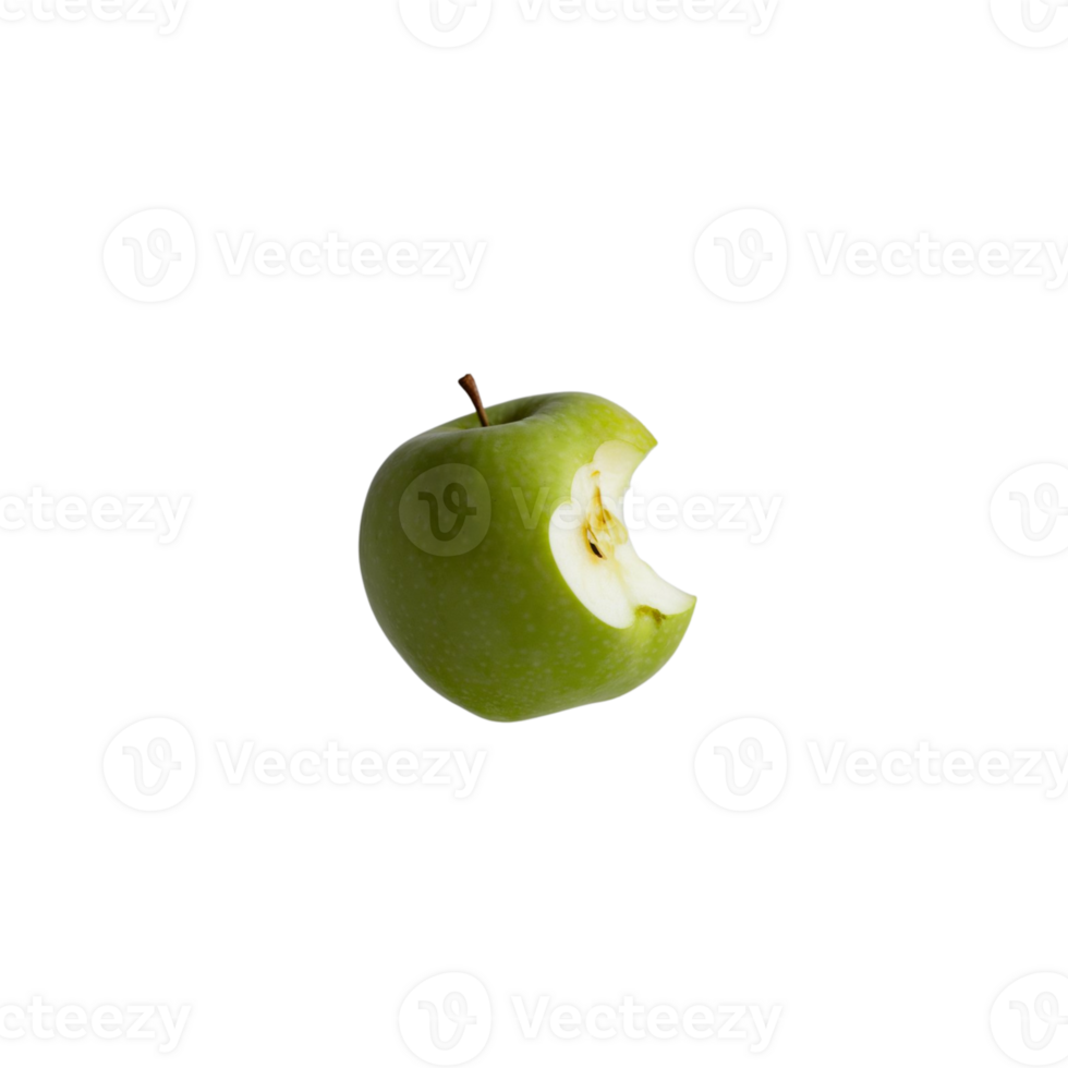 Against a transparent backdrop, a green apple has been bitten into png
