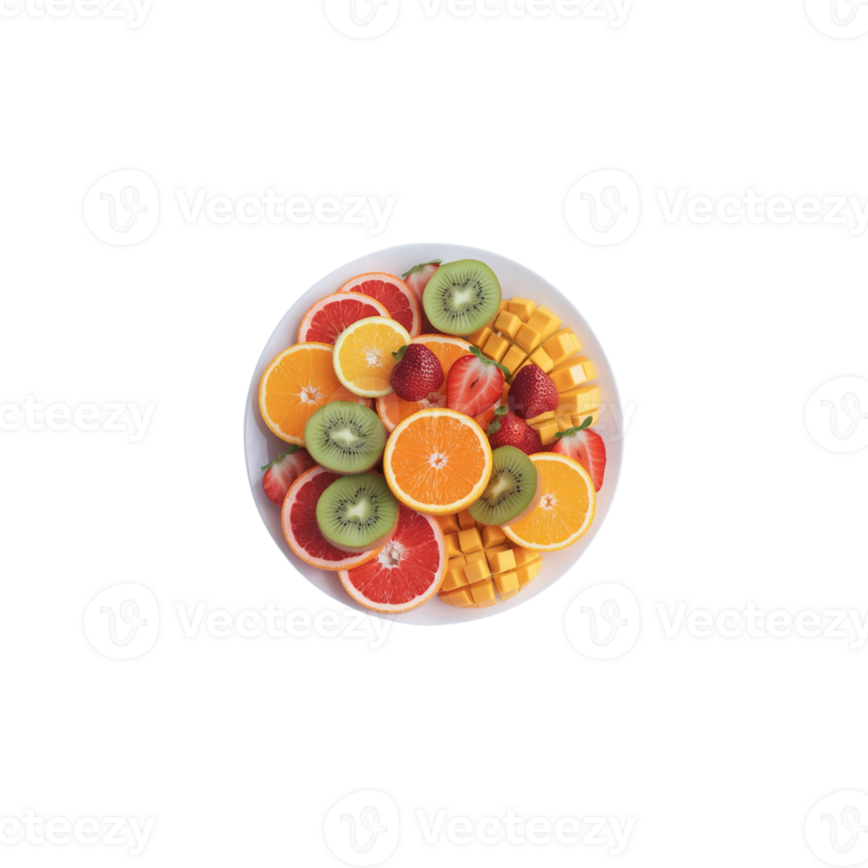 Photograph of colorful fruit pieces on a plate against a transparent surface png
