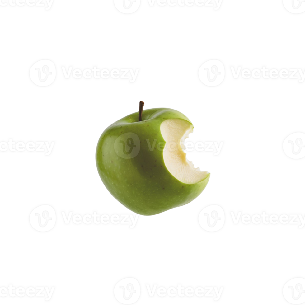 A partially eaten green apple is displayed against a transparent surface png